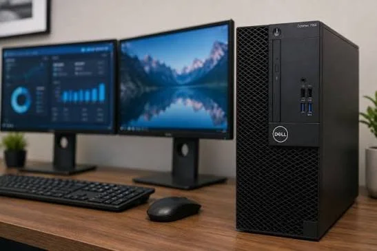 Desktop Rental 9 ell OptiPlex desktop PC with dual monitors, keyboard and mouse for rent in Dubai